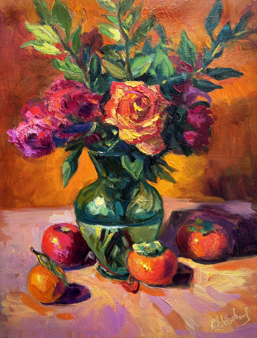 Roses in Green Glass with Persimmons - Carol Steinberg