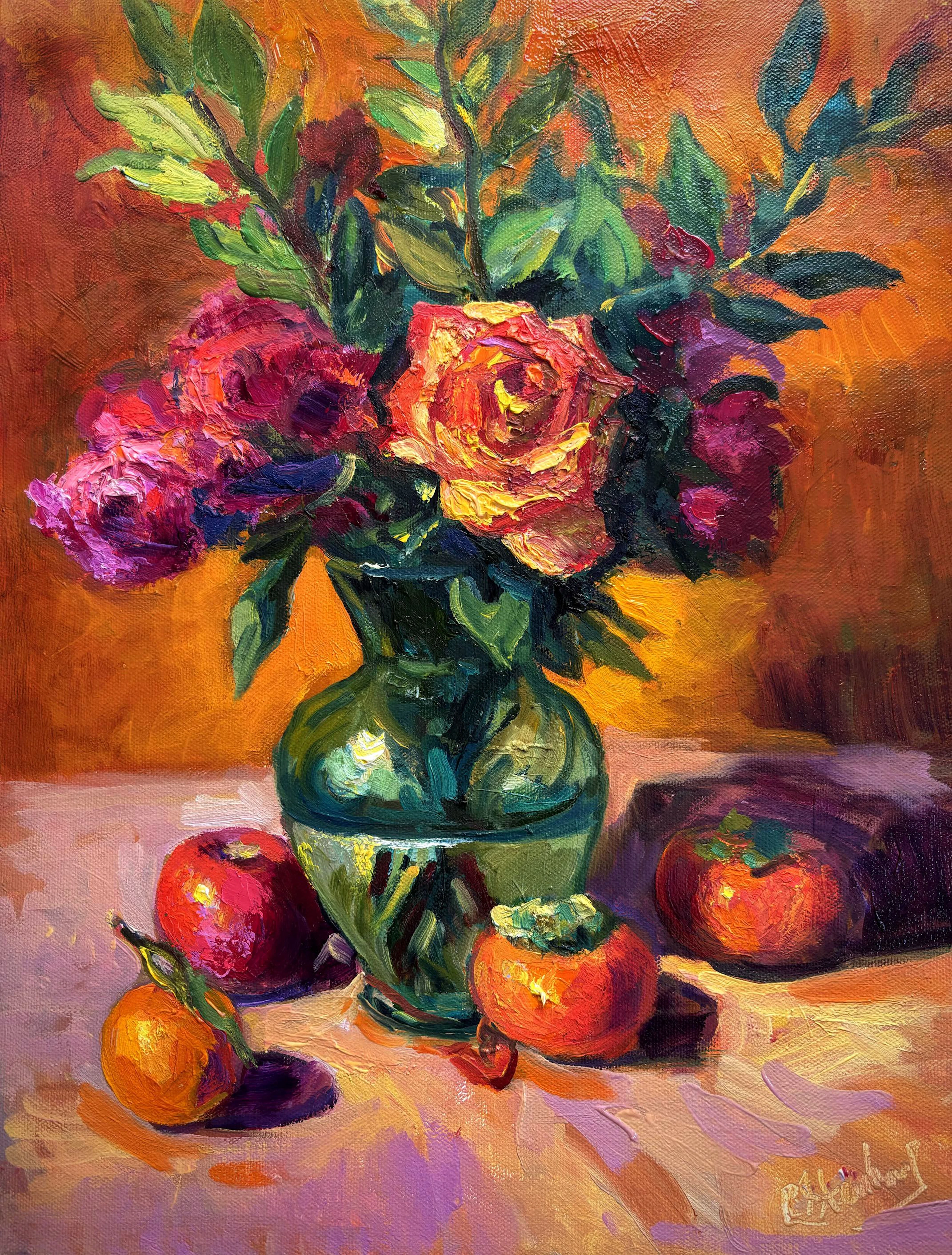 Roses in Green Glass with Persimmons - Carol Steinberg