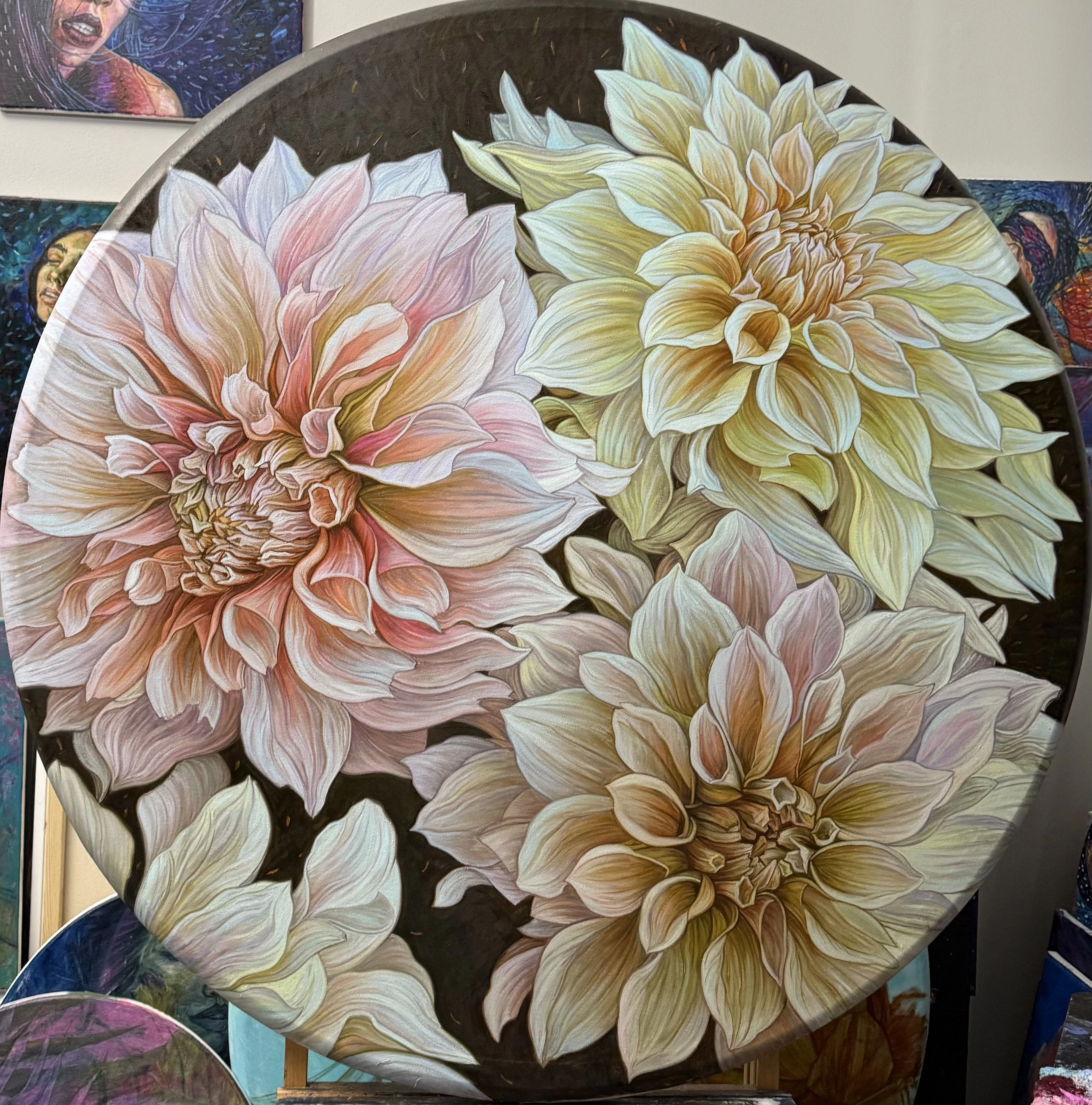 Dahlias on round canvas - Elena Podmarkova
