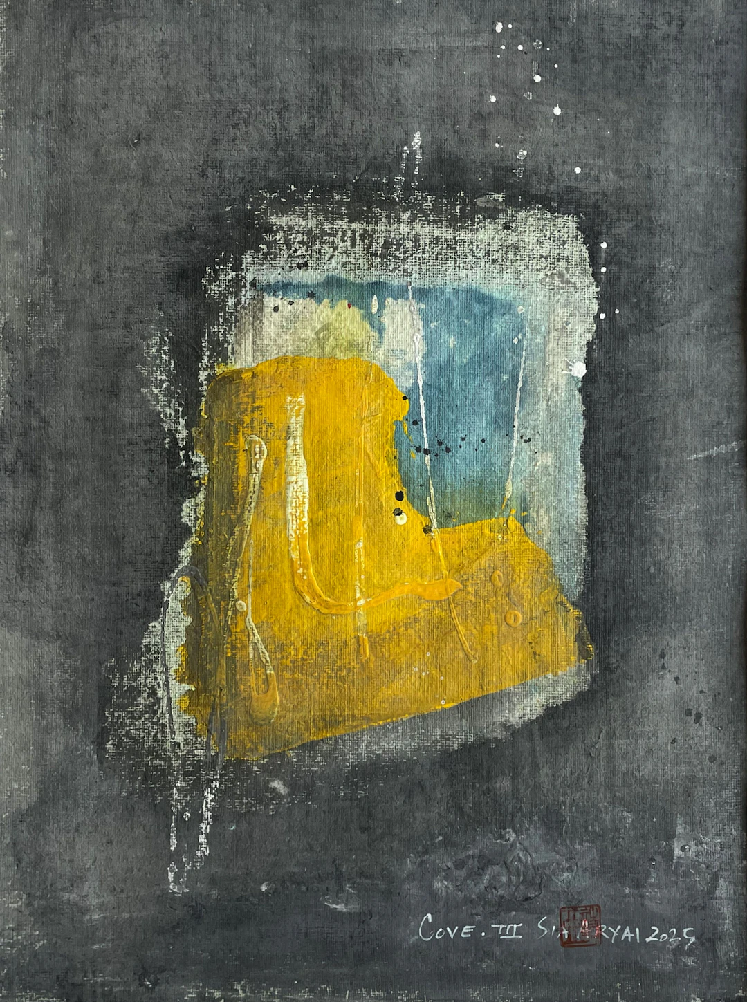 DOVE.V White framedl blue & yellow painting - Sia aryai