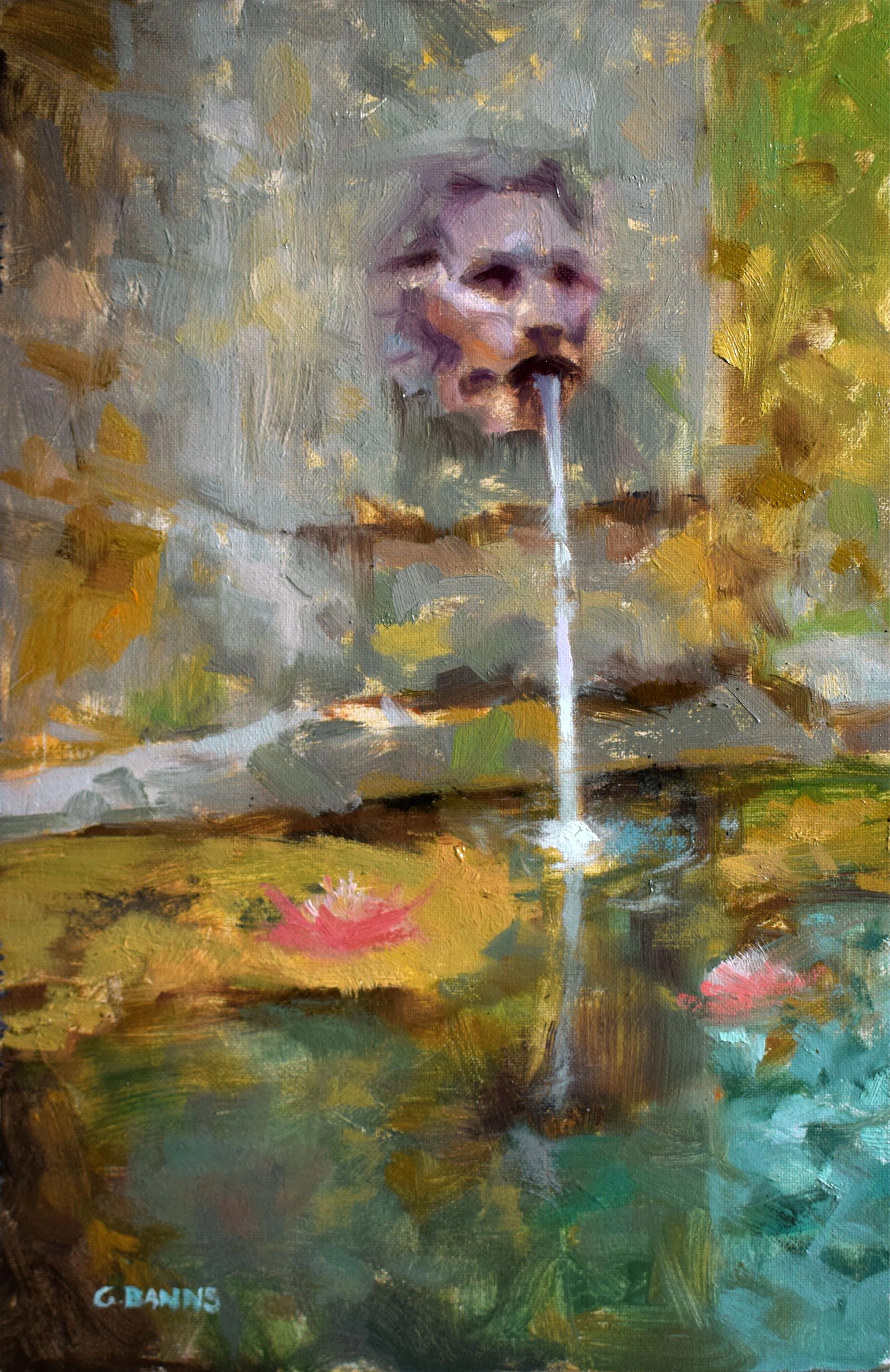 French Lion Fountain with Water lilies Basin - Gav Banns