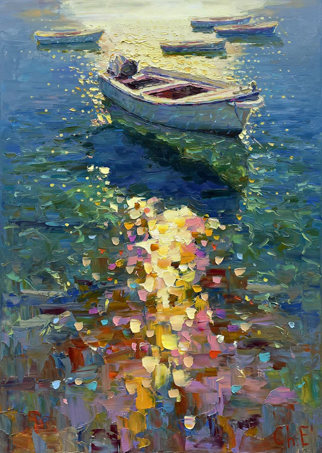 ""boat at dawn"" - Evgeny Chernyakovsky