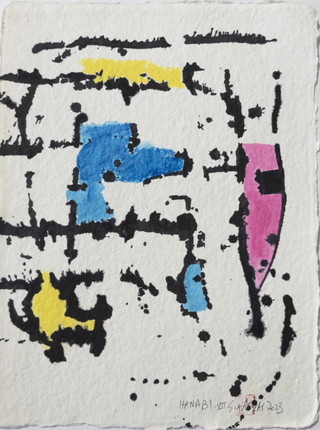 Hanabi .VII Framed abstract yellow /pink painting - Sia aryai