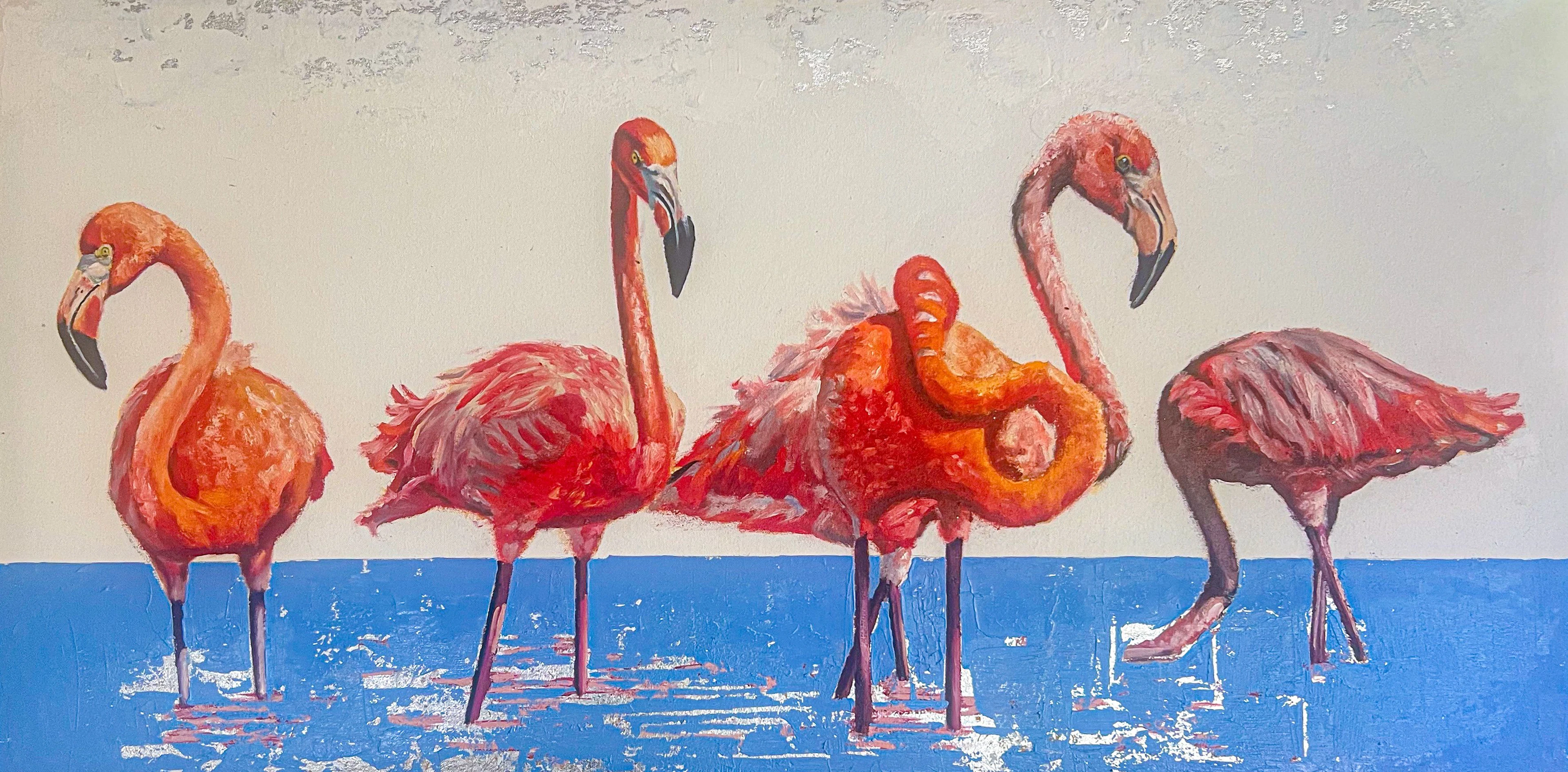 Gossip Hour – Colorful Flamingo Painting with Silv - Paulo Jimenez