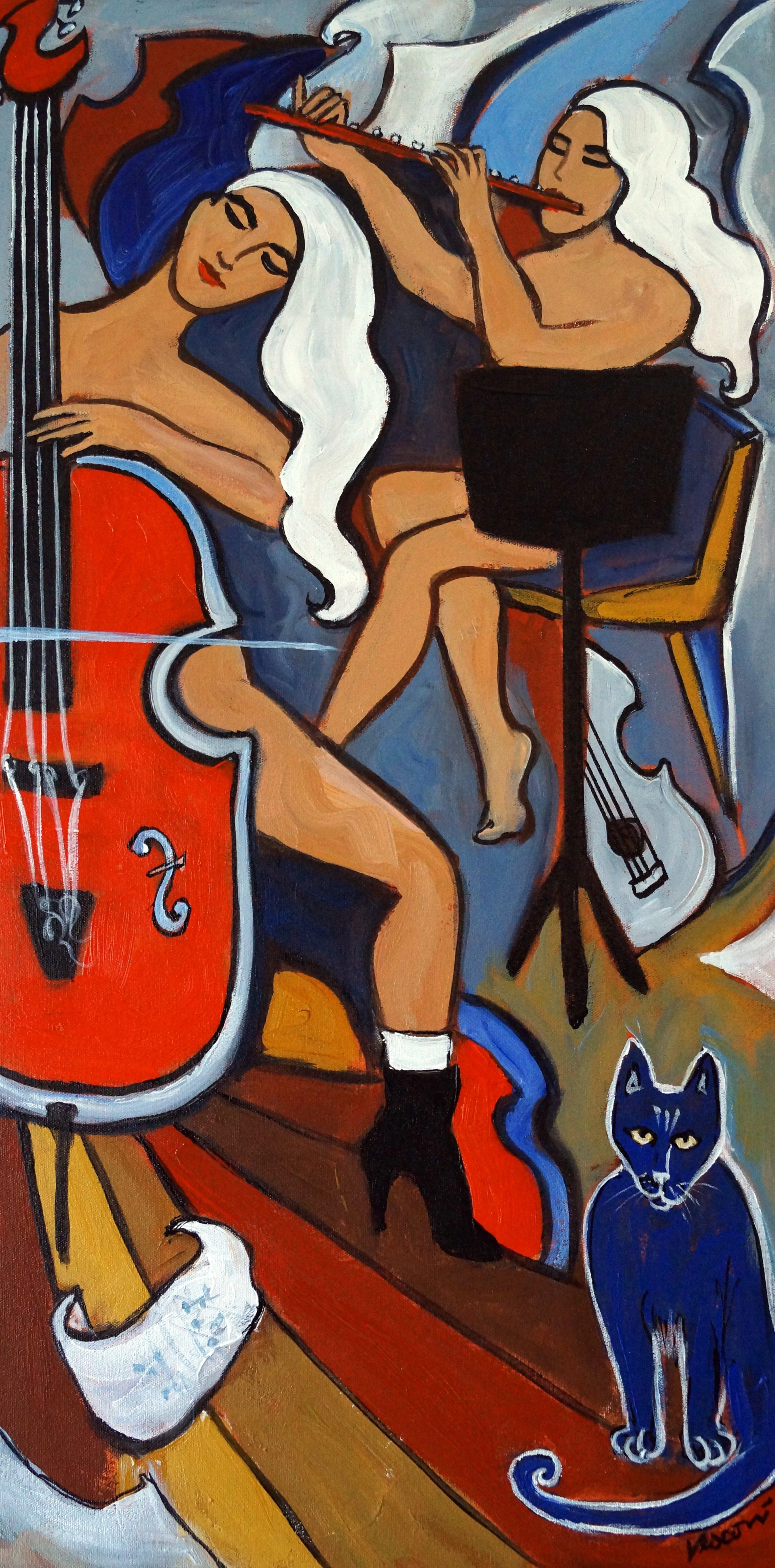 Red Cello Barefoot Flautist Blue Cat - Valerie Vescovi