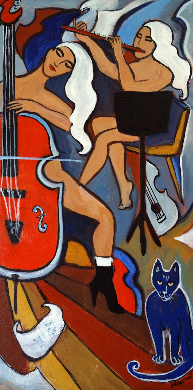 Red Cello Barefoot Flautist Blue Cat - Valerie Vescovi