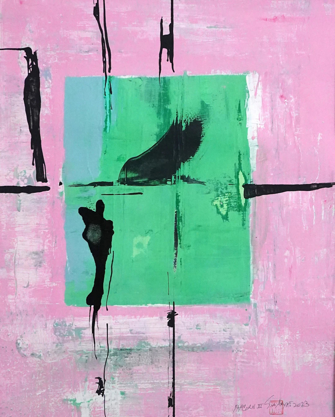 Popcorn. VI Framed abstract green/pink painting - Sia aryai