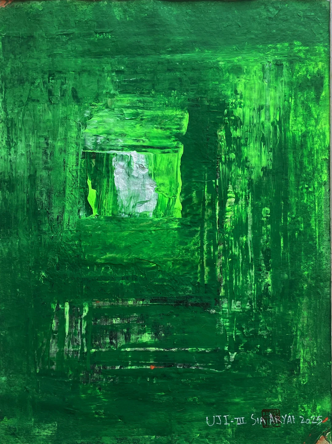 UJI.III White framed surreal green painting - Sia aryai