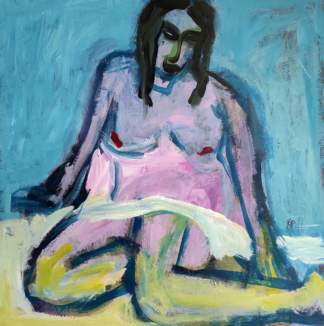Sitting nude with a white towel - Barbara Kroll