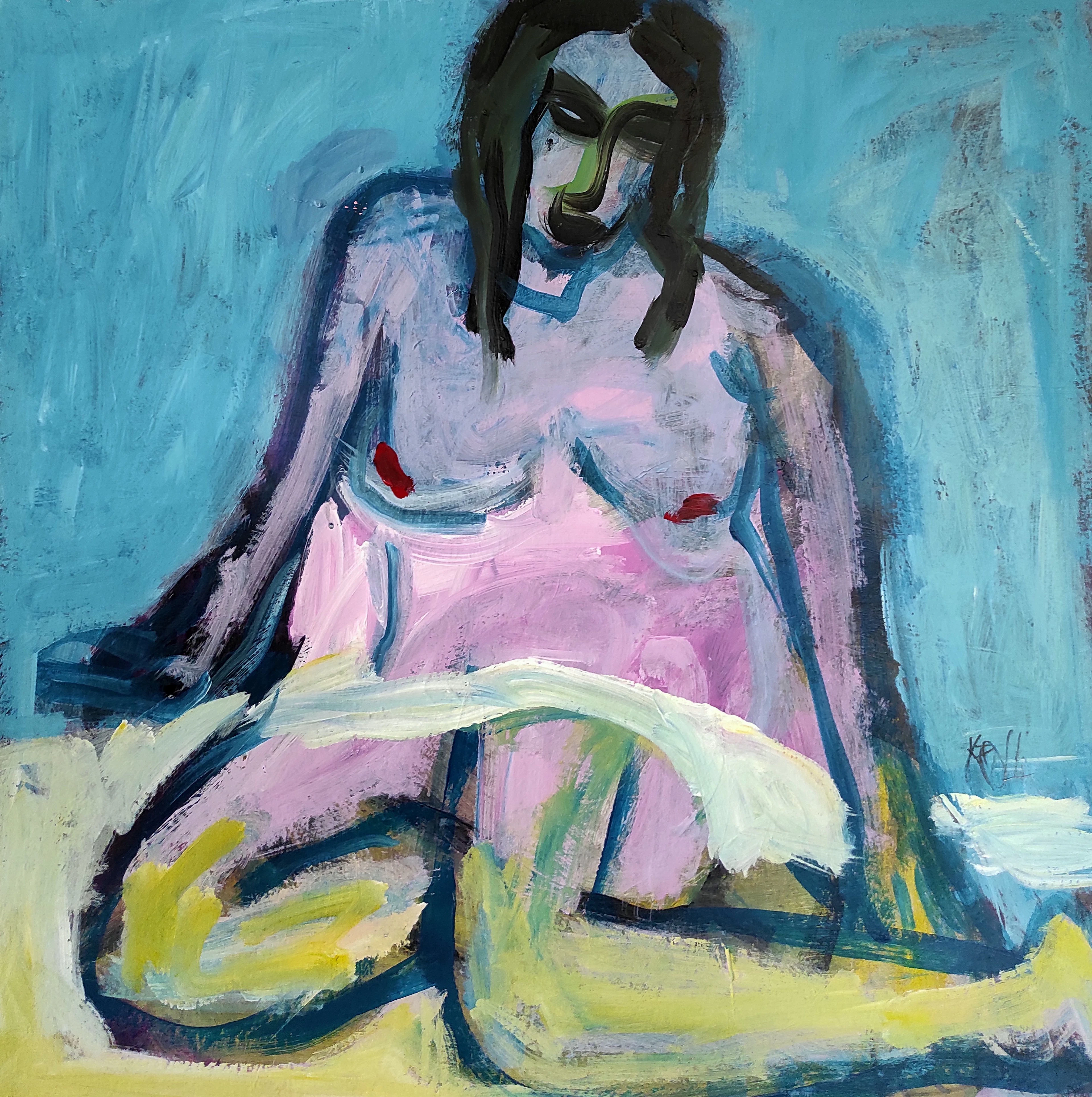 Sitting nude with a white towel - Barbara Kroll