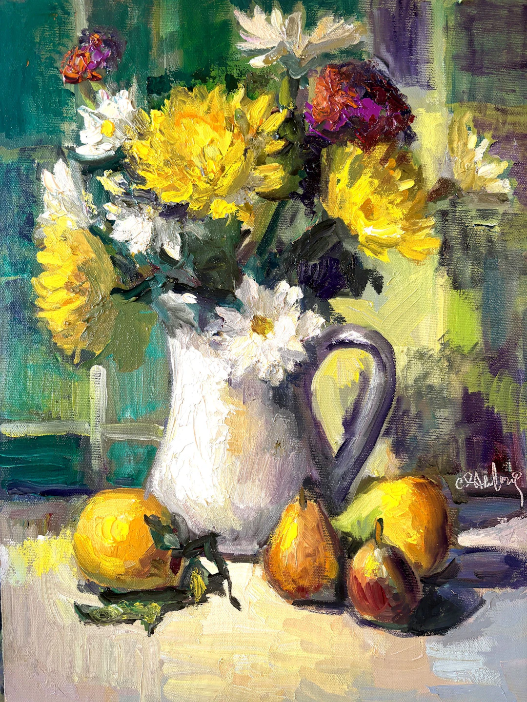 Yellow Mums and Daisies Green Plaid - Carol Steinberg