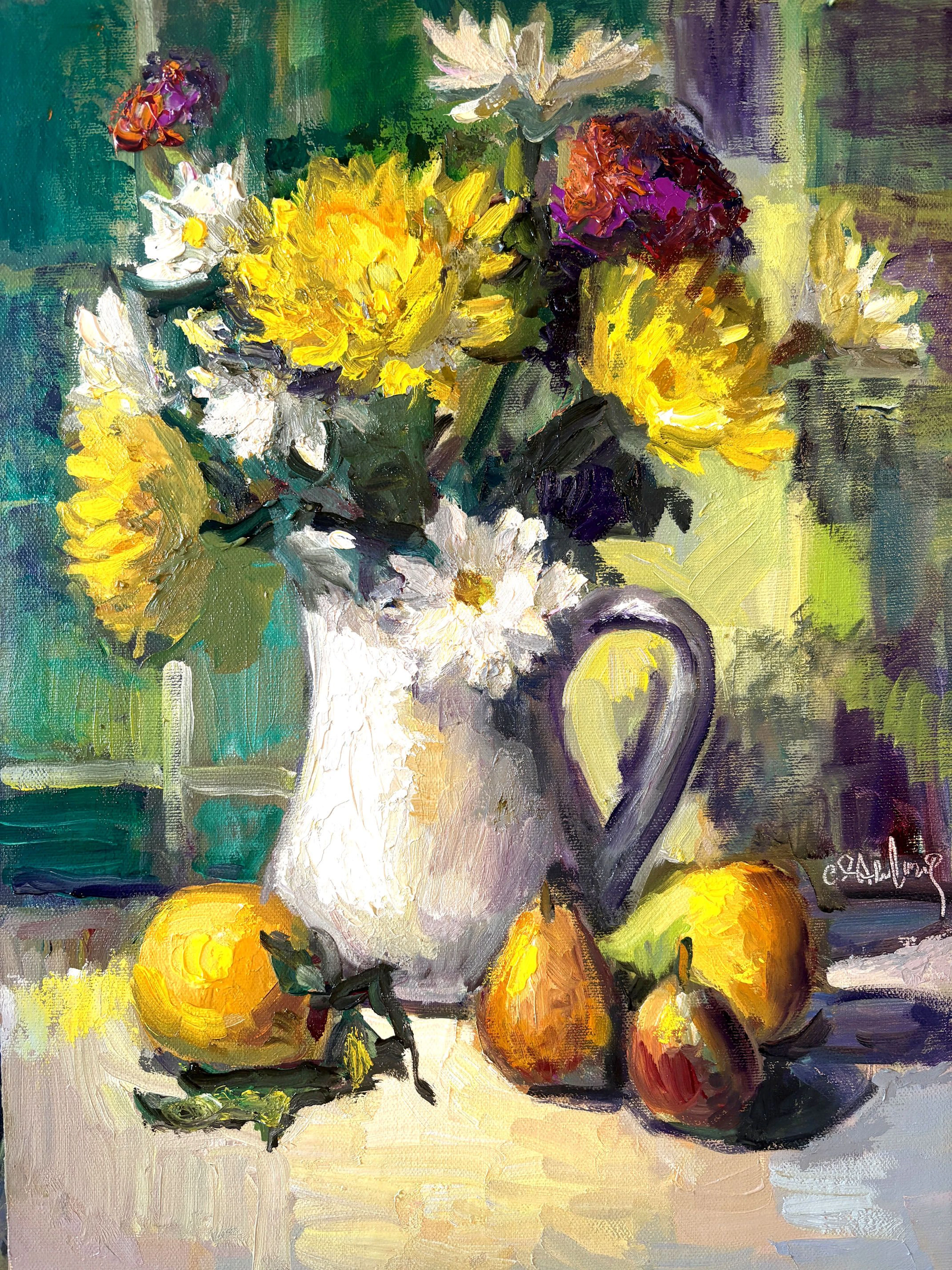 Yellow Mums and Daisies Green Plaid - Carol Steinberg