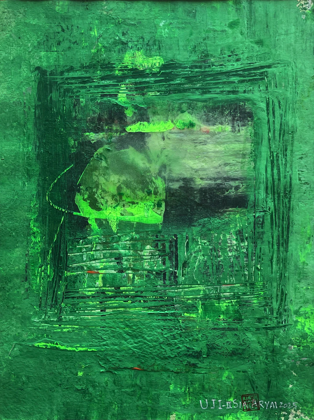 UJI.II White framed abstract green painting - Sia aryai