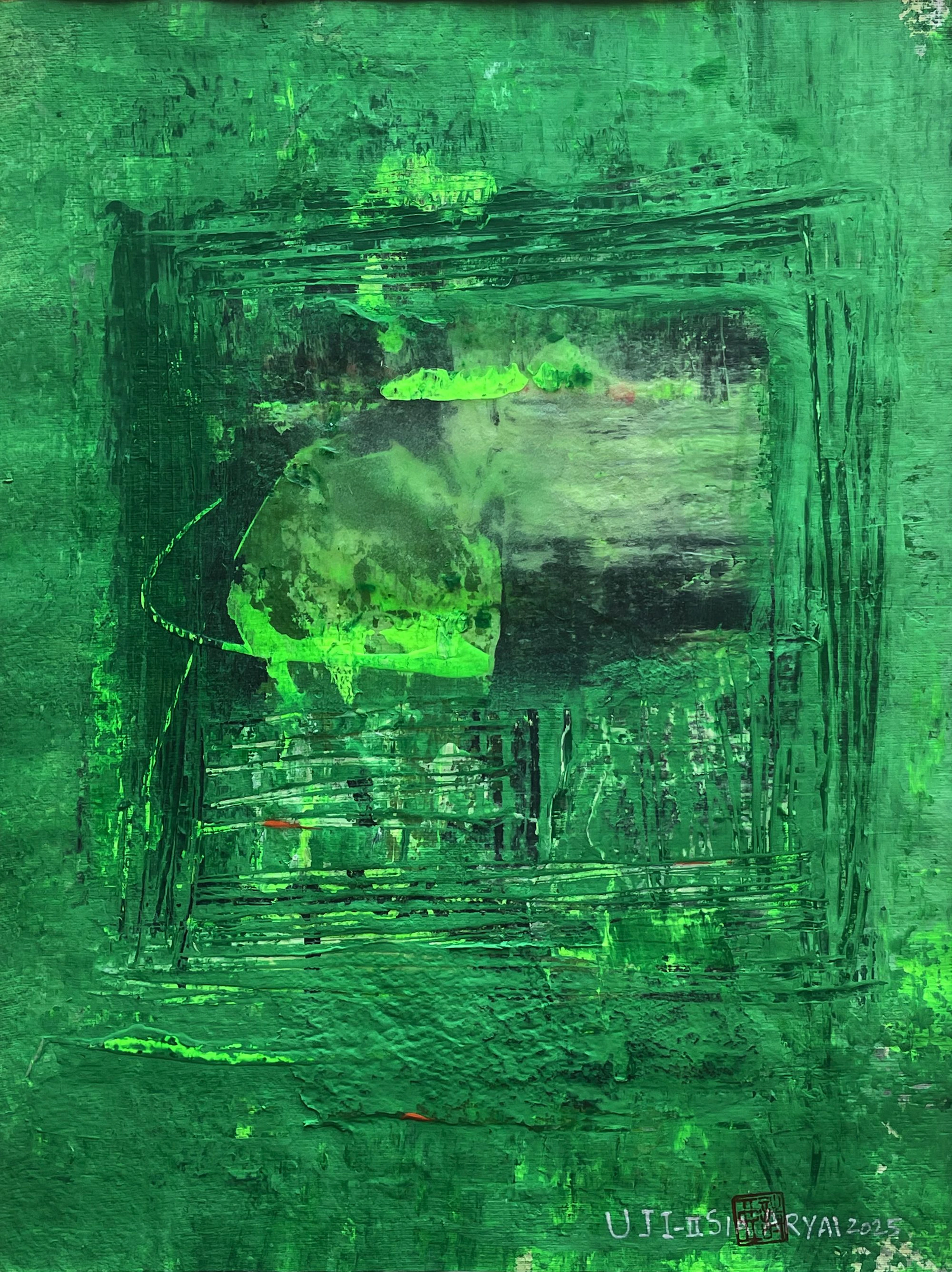 UJI.II White framed abstract green painting - Sia aryai