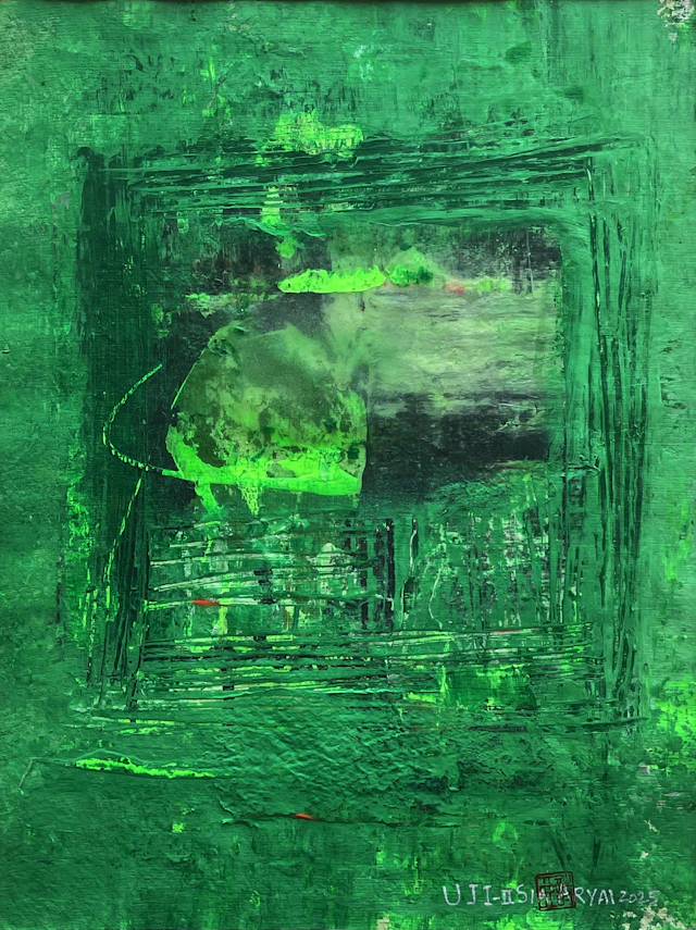 UJI.II White framed abstract green painting - Sia aryai