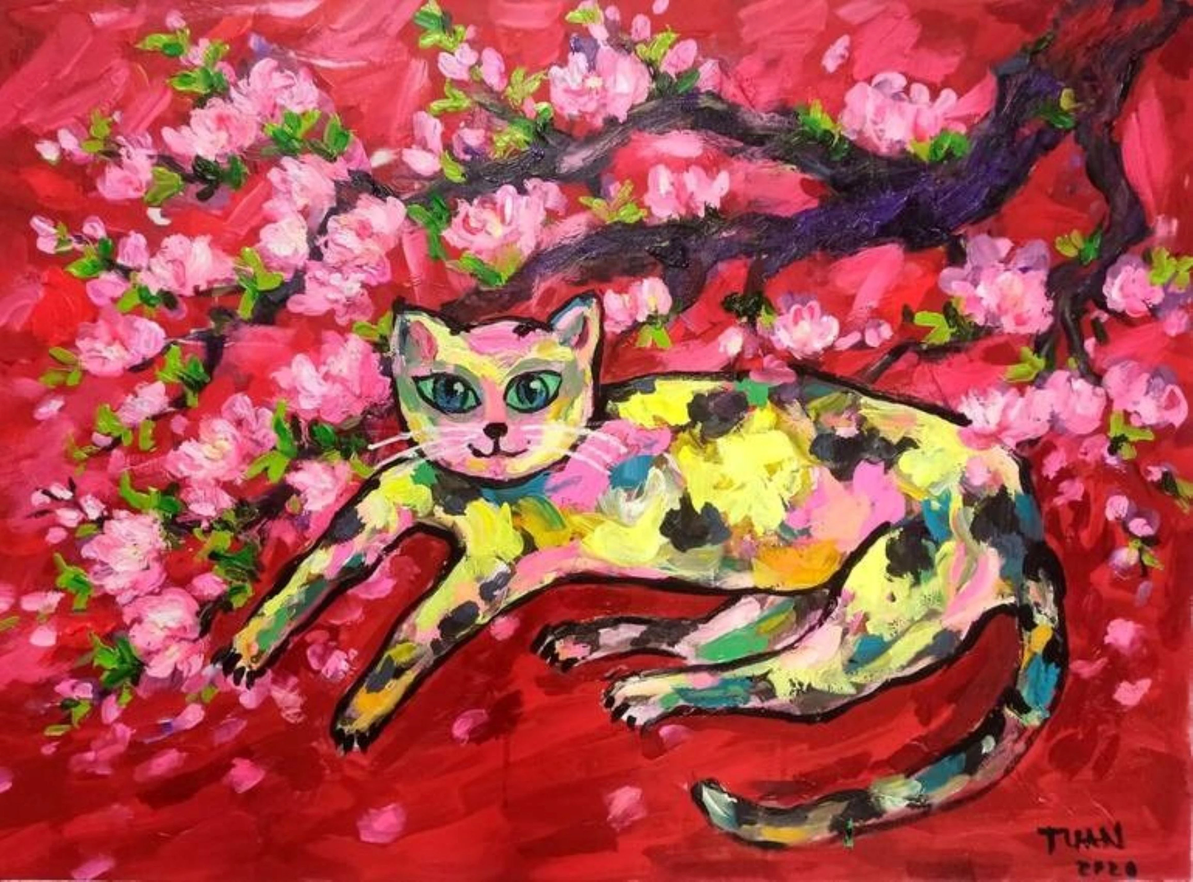 Peach blossom and cat - LE ANH TUAN