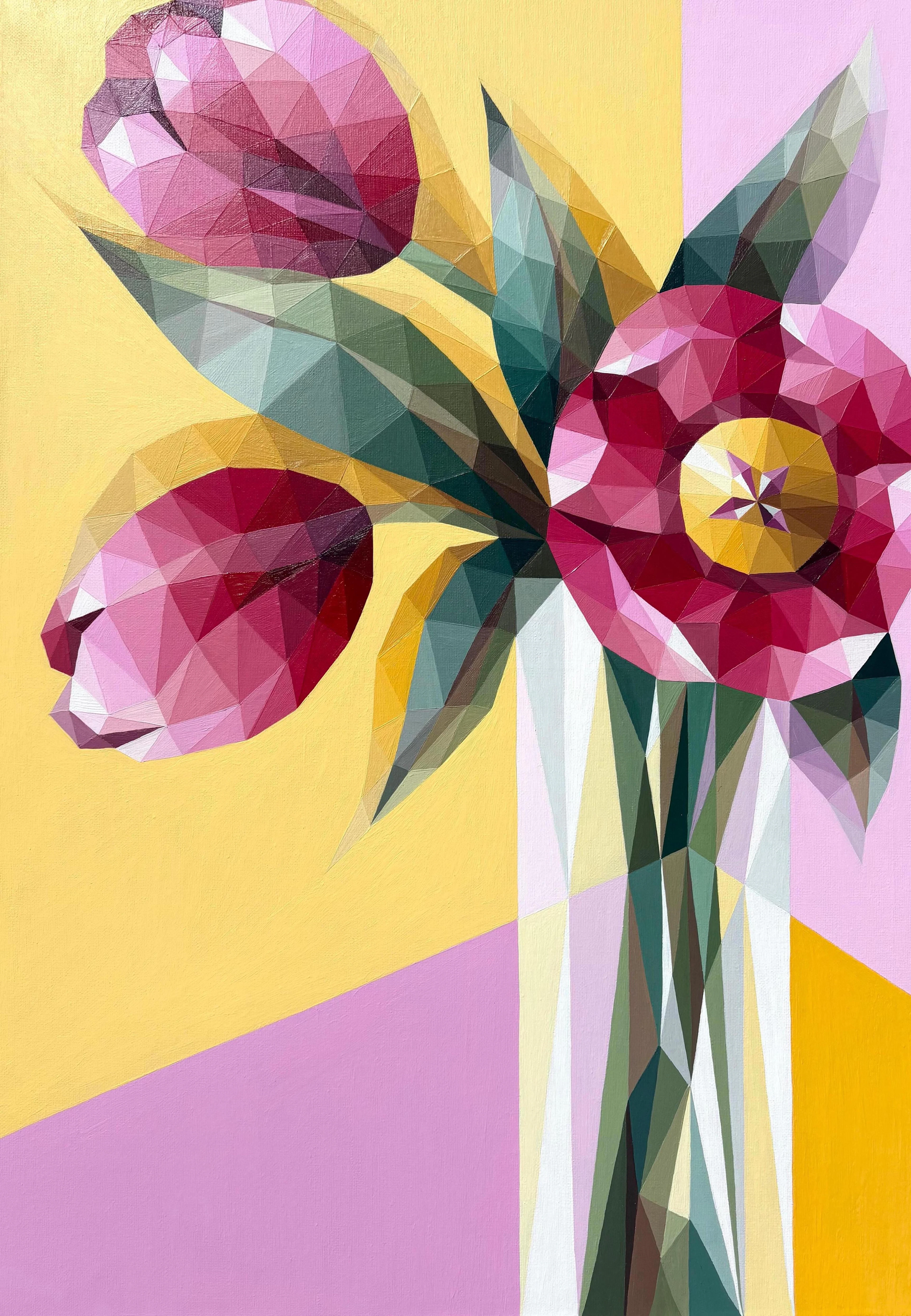 BOUQUET OF PINK TULIPS IN A VASE ON YELLOW - Maria Tuzhilkina