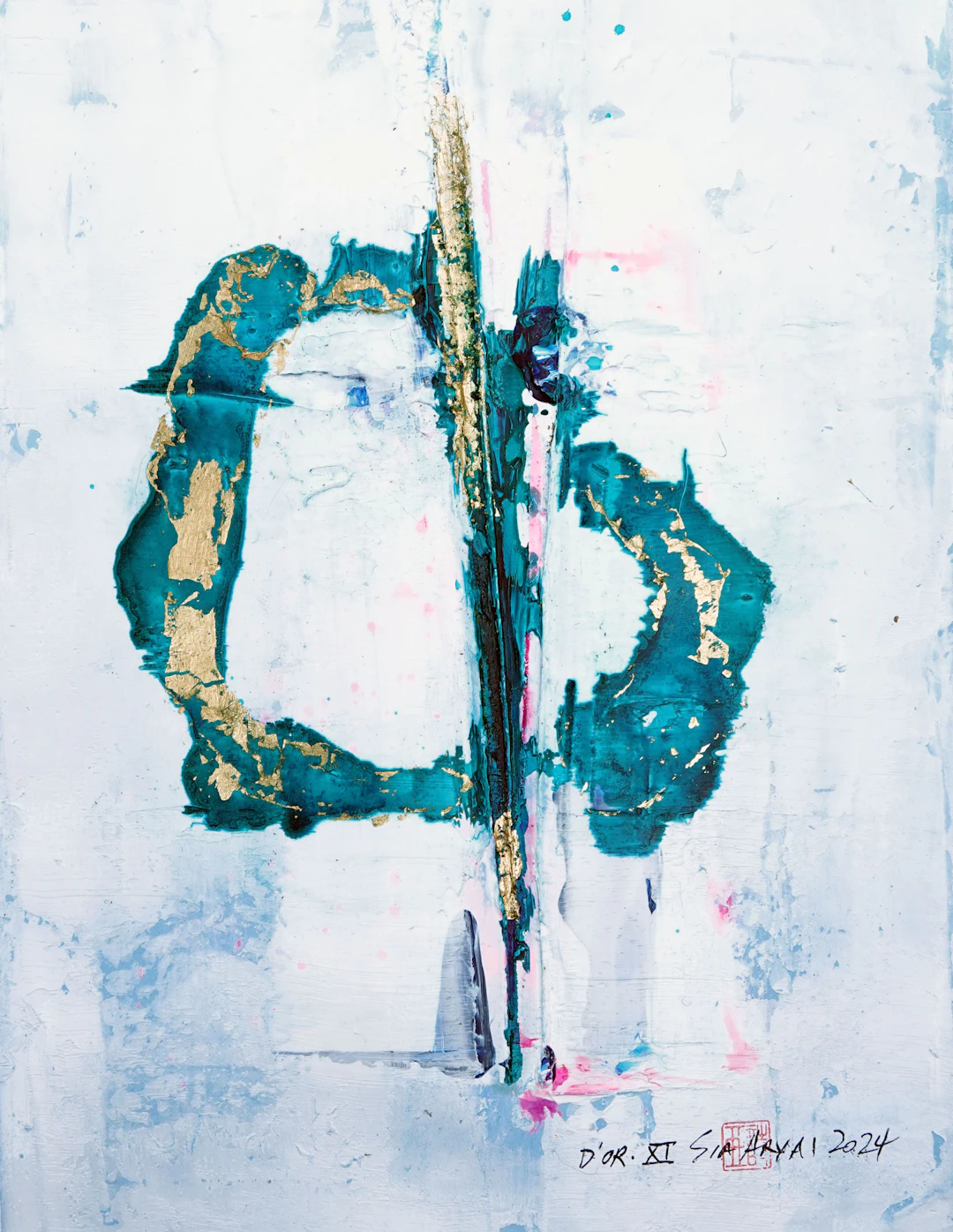 D'OR. XI Abstract gold leaf/green framed painting - Sia aryai