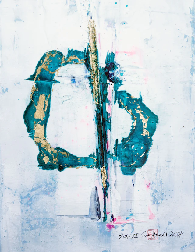 D'OR. XI Abstract gold leaf/green framed painting - Sia aryai