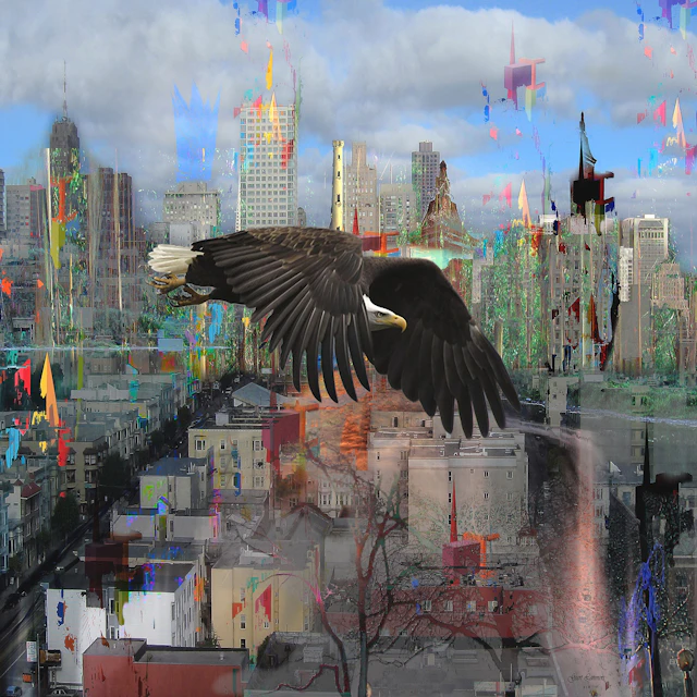 Cityscape with distrustful bird - geert lemmers