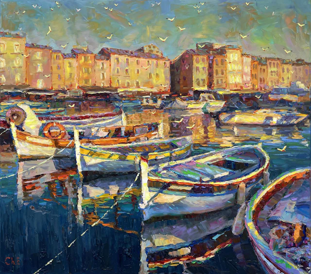 ""Boats at the pier"" - Evgeny Chernyakovsky