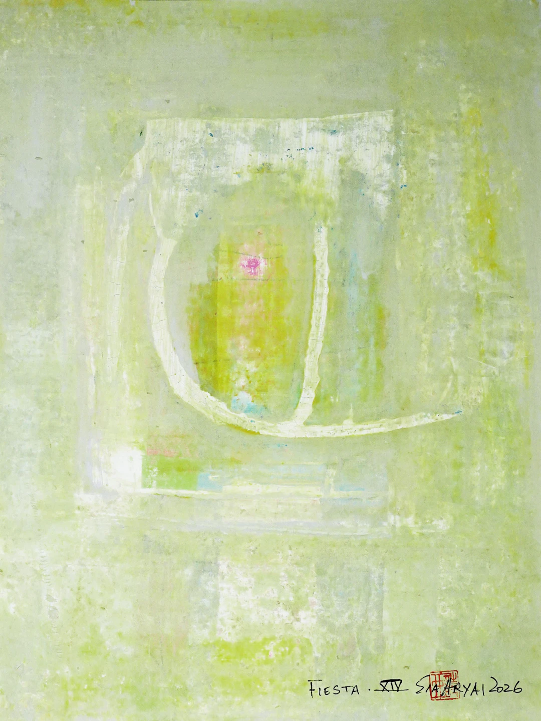 Fiesta. XIV White framed surreal green painting - Sia aryai