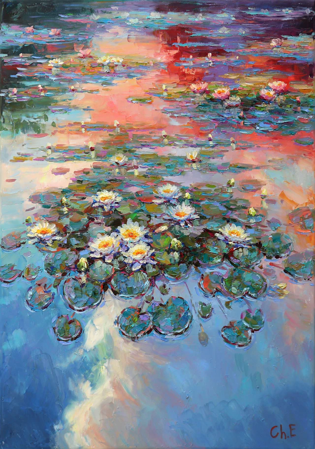 ""Evening river with lilies"" - Evgeny Chernyakovsky