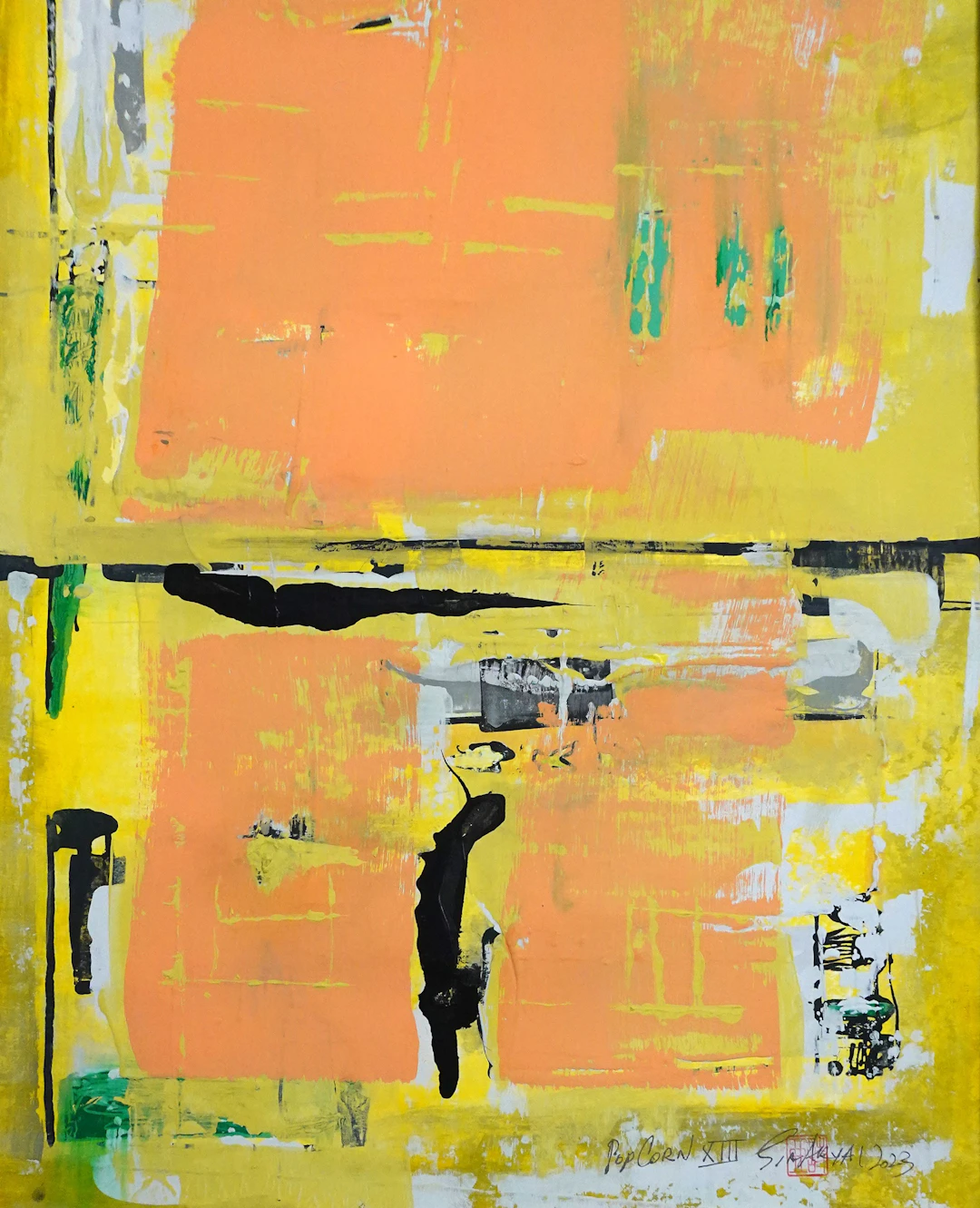Popcorn. XIII Framed abstract pink/yellow painting - Sia aryai