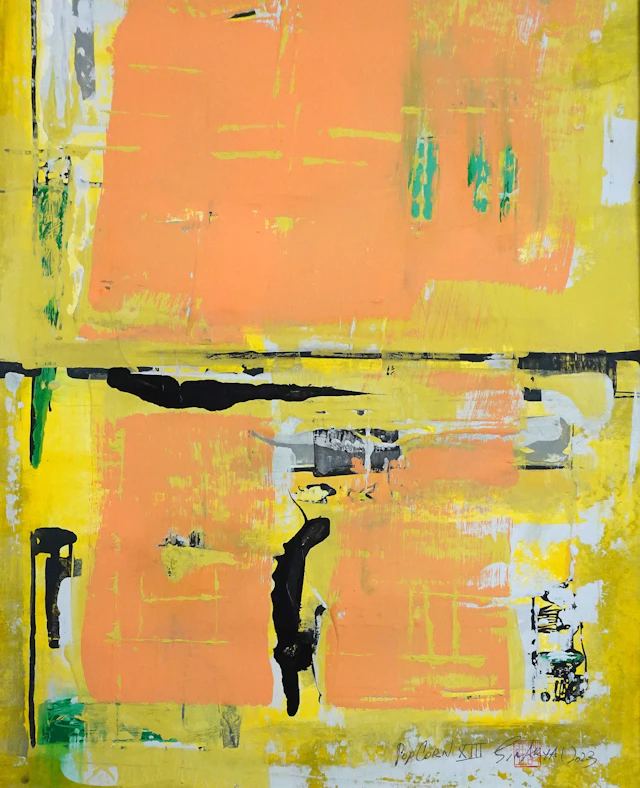 Popcorn. XIII Framed abstract pink/yellow painting - Sia aryai