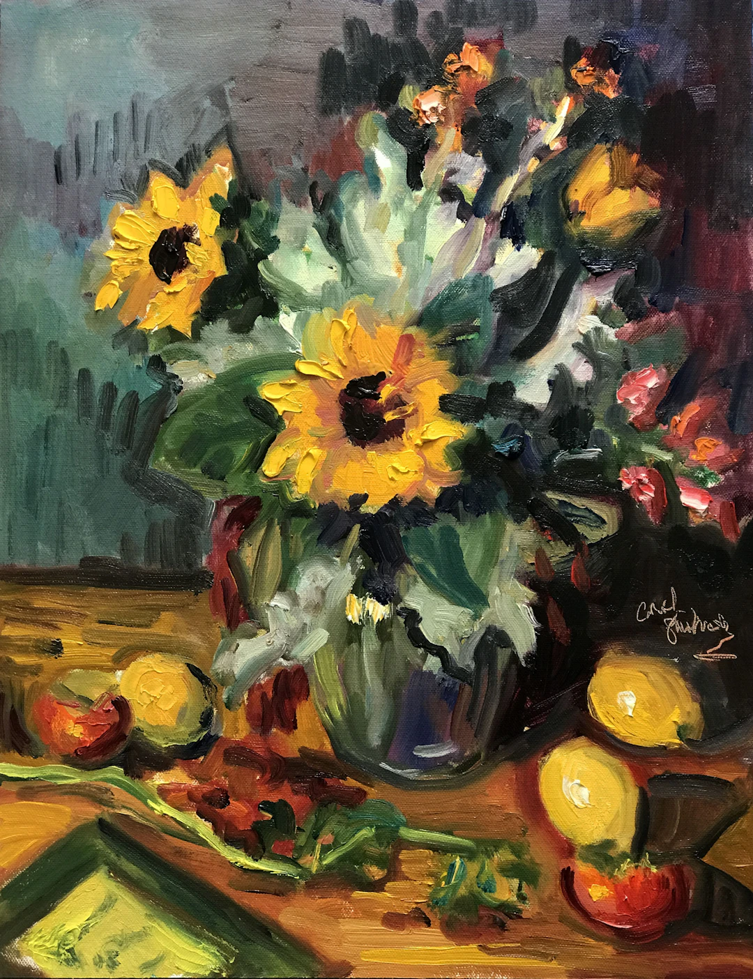 Sunflowers with Dusty Miller Turquoise Background - Carol Steinberg
