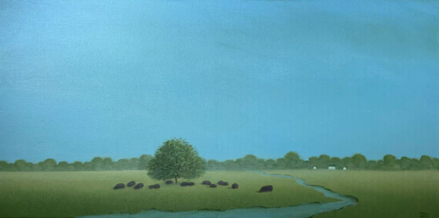 Cattle Grazing by a Quiet Stream - Sharon France