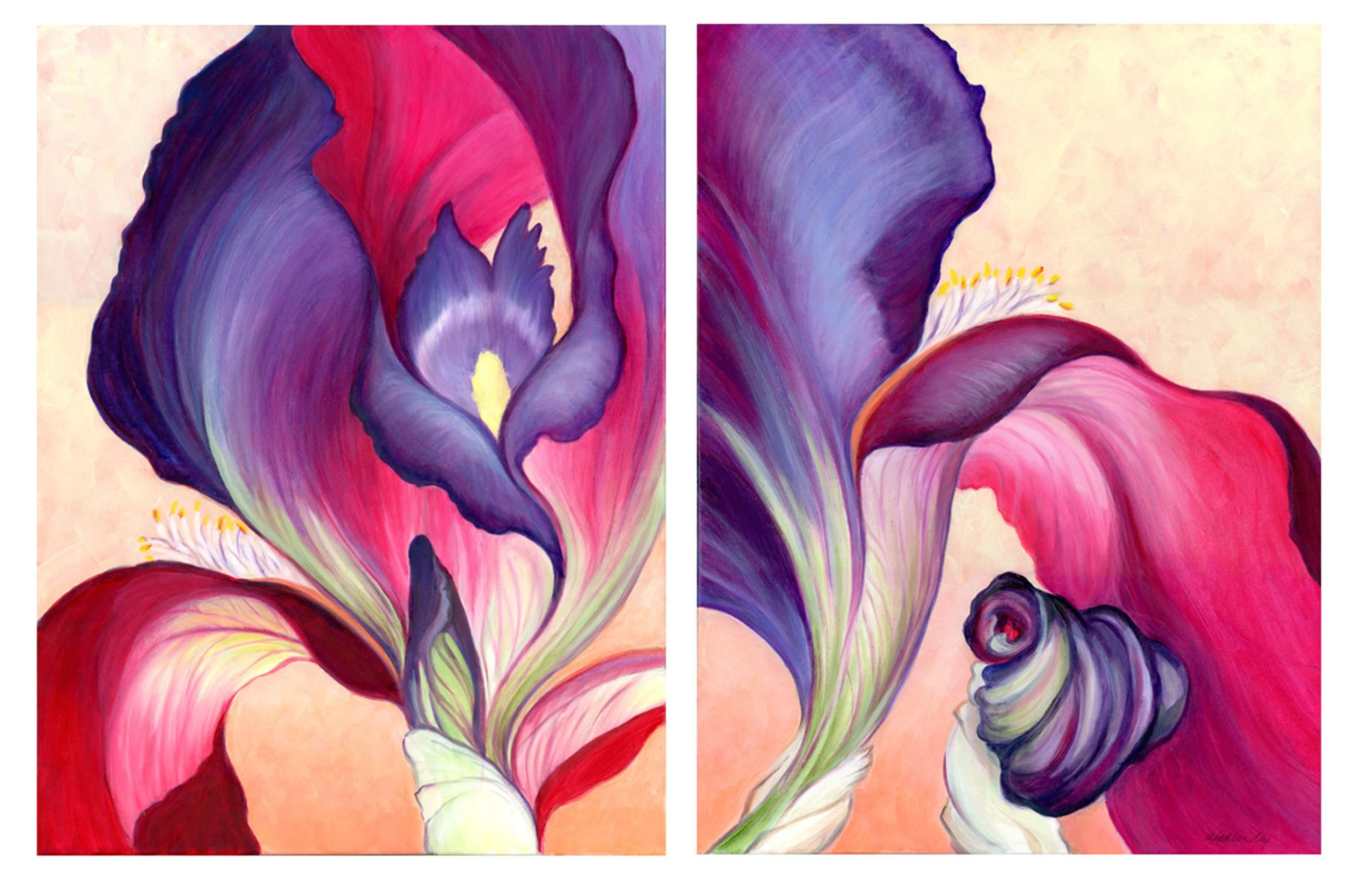 Cropped Iris Diptych Floral oil paintings - Kathleen Ney