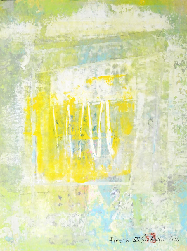 Fiesta. XV Framed modern yellow/green painting - Sia aryai