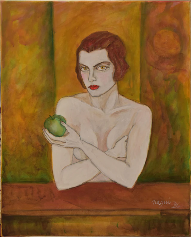 Woman with green apple - NAGUI ACHAMALLAH