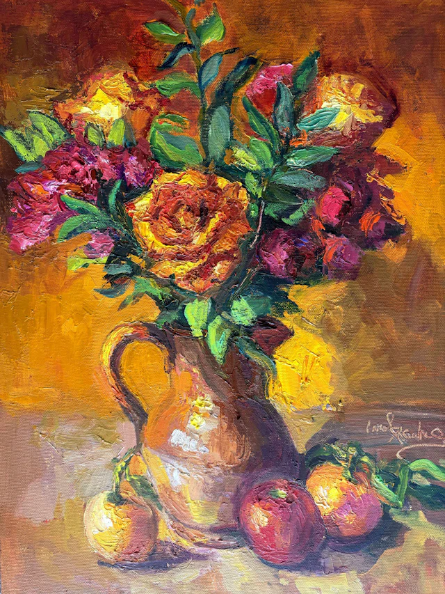 Roses in Terracotta Vase - Carol Steinberg