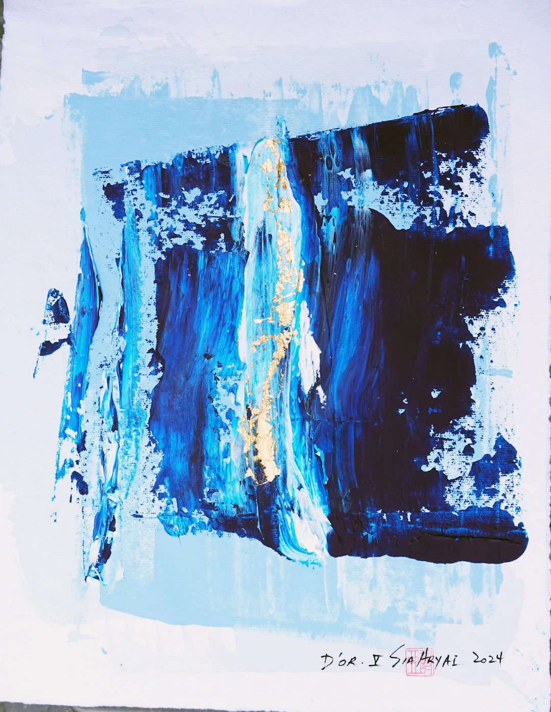 D'or. V Abstract gold leaf /blue framed painting - Sia aryai