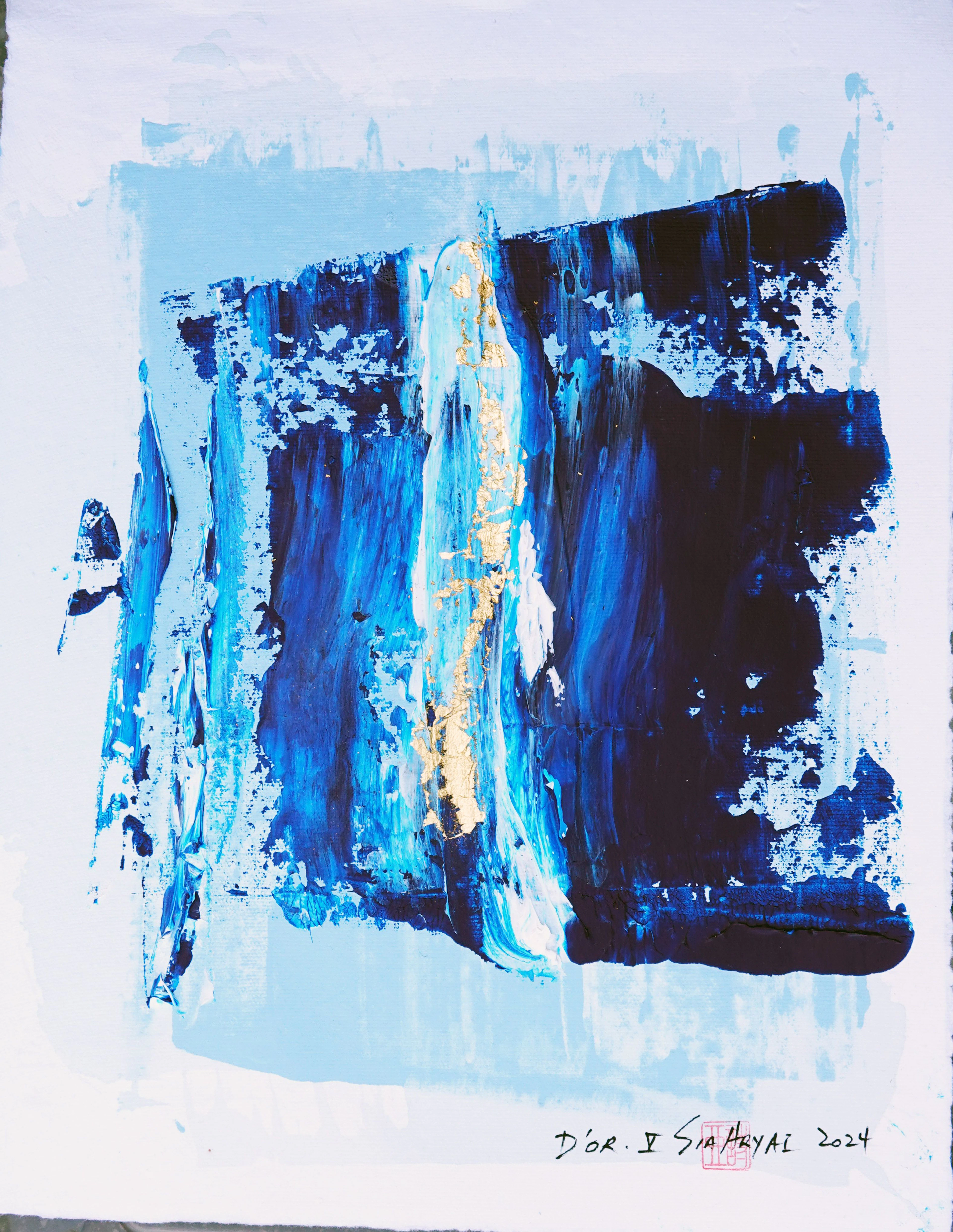D'or. V Abstract gold leaf /blue framed painting - Sia aryai