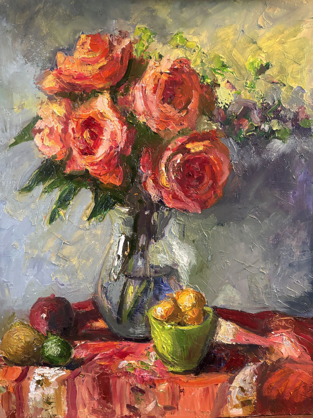 Orange Roses in Clear Vase on Patterned Cloth - Carol Steinberg