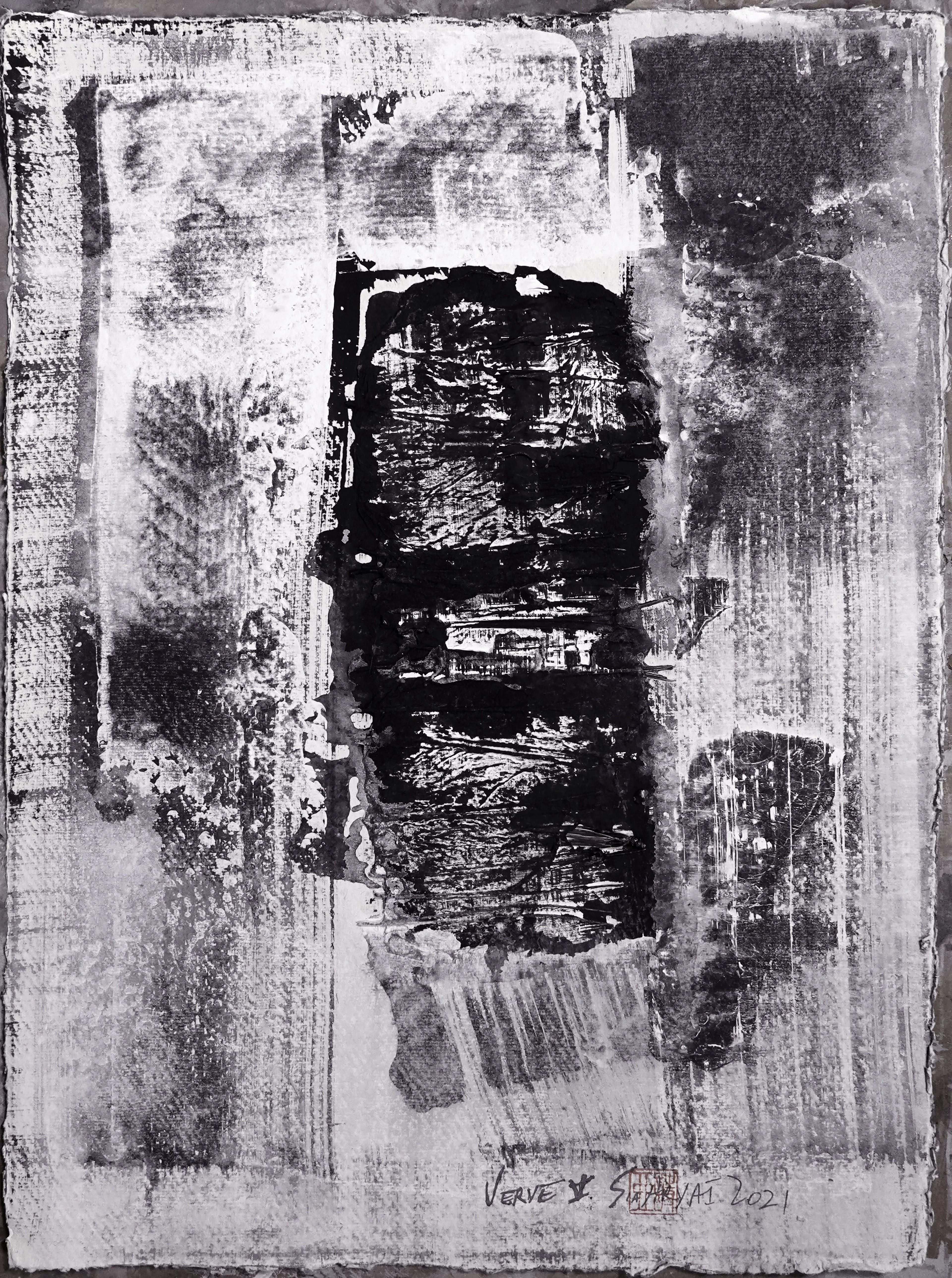 Verve.V Framed abstract black/white mixed media - Sia aryai
