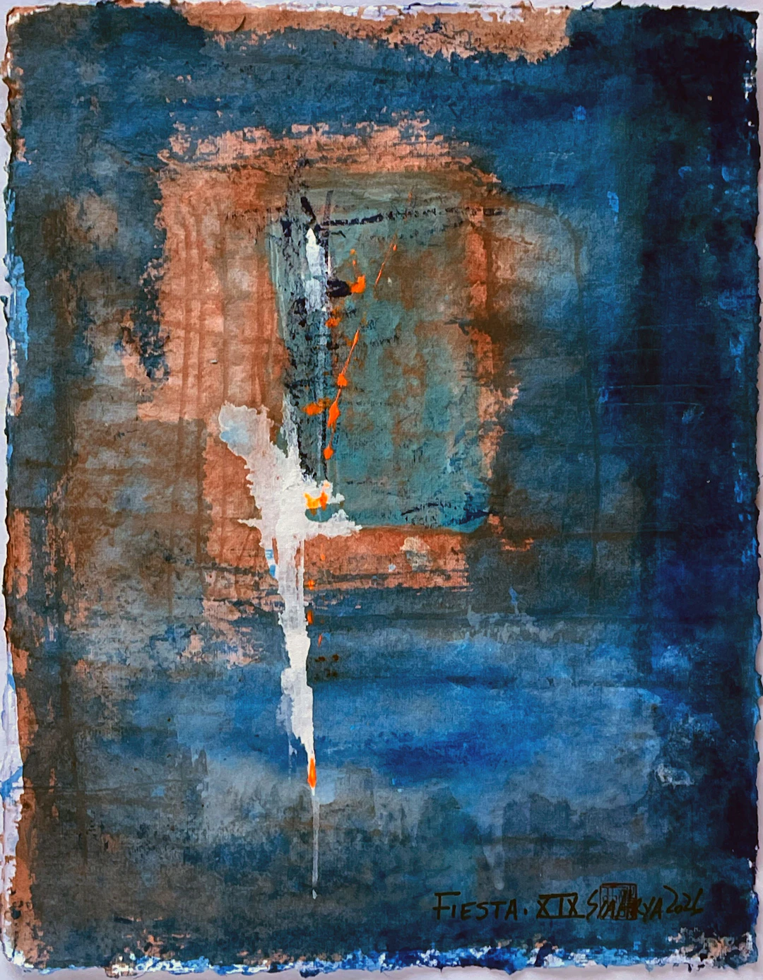 Fiesta. XIX FRamed vibreant orange /blue painting - Sia aryai
