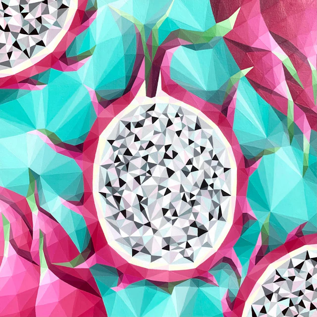 PINK FRUIT ON A TURQUOISE BACKGROUND - Maria Tuzhilkina