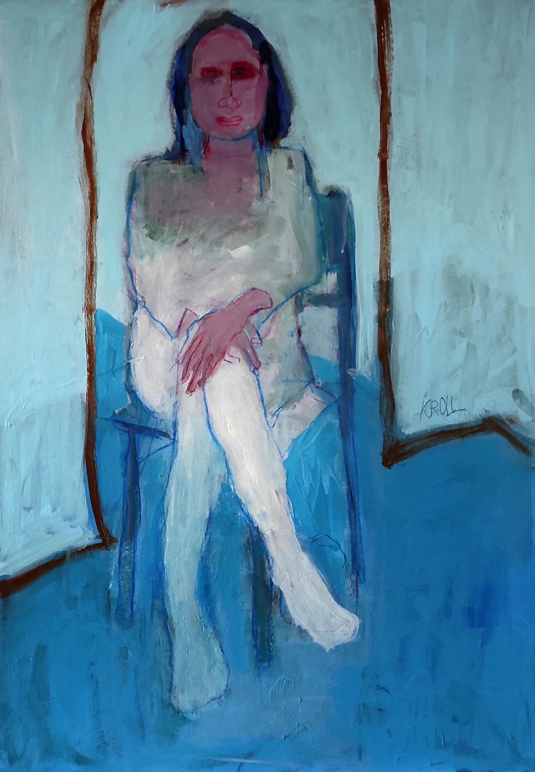 Sitting woman with red face - Barbara Kroll