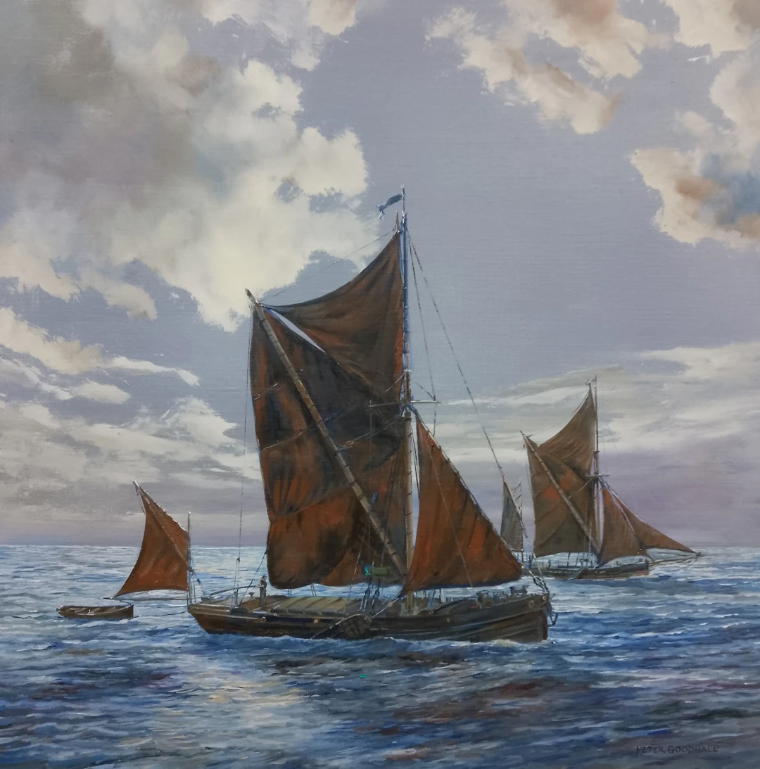 THAMES SAILING BARGES IN THE MOONLIGHT - PETER GOODHALL