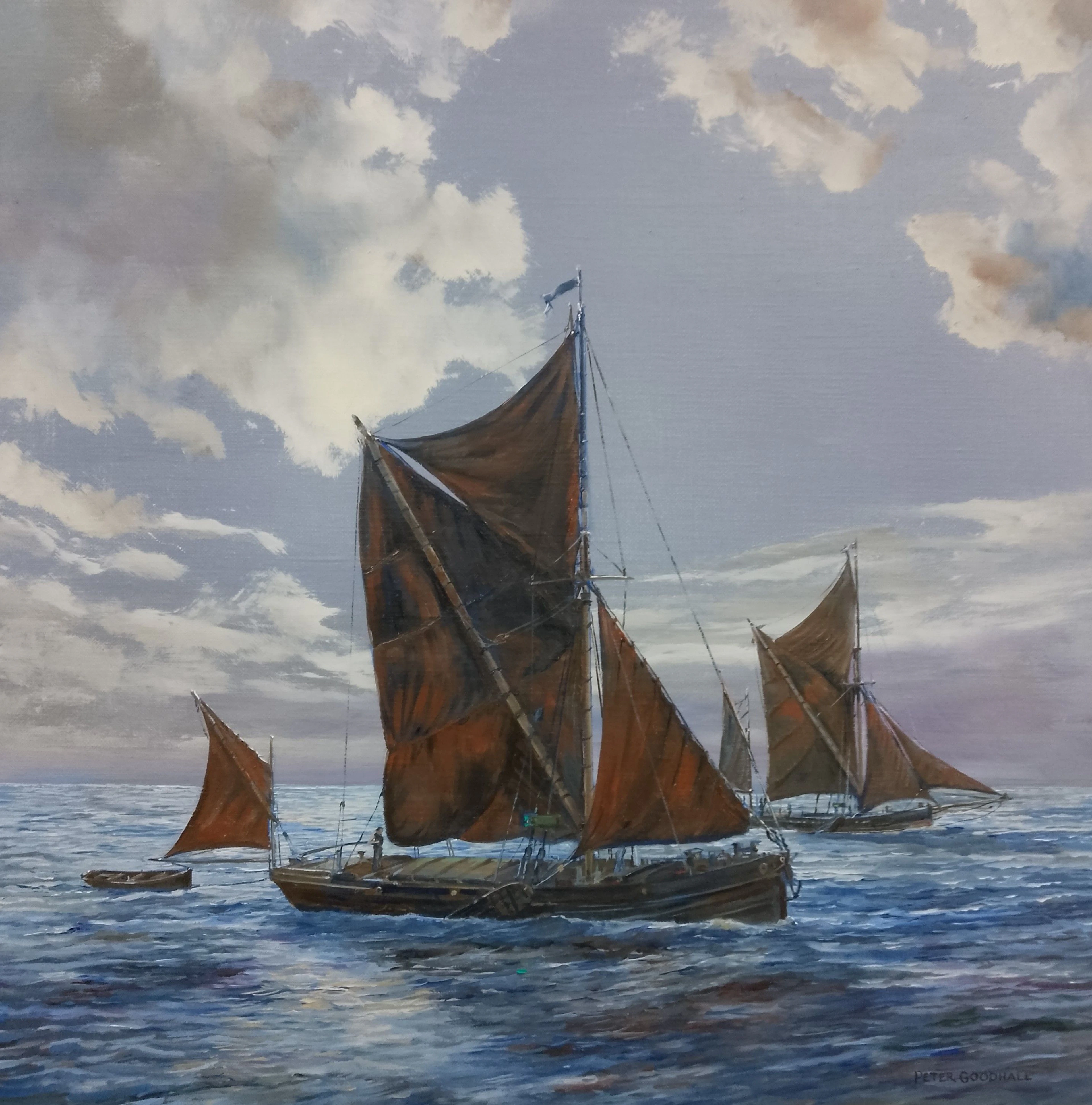 THAMES SAILING BARGES IN THE MOONLIGHT - PETER GOODHALL