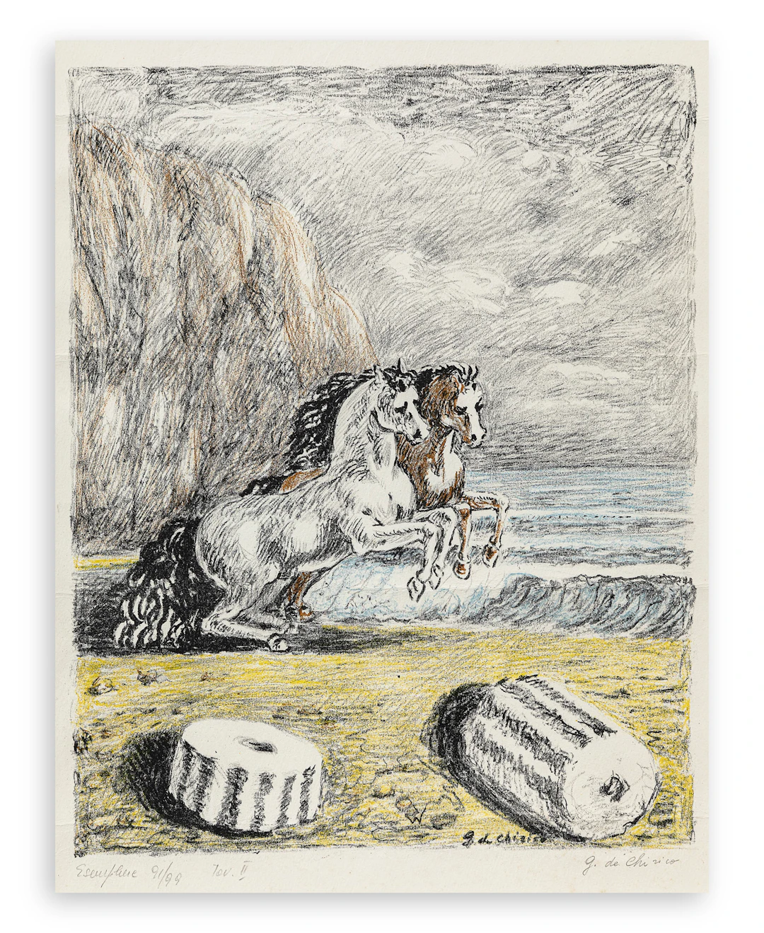 GIORGIO DE CHIRICO (1888-1978) - Cavalli sulla sponda dell'Egeo, 1966