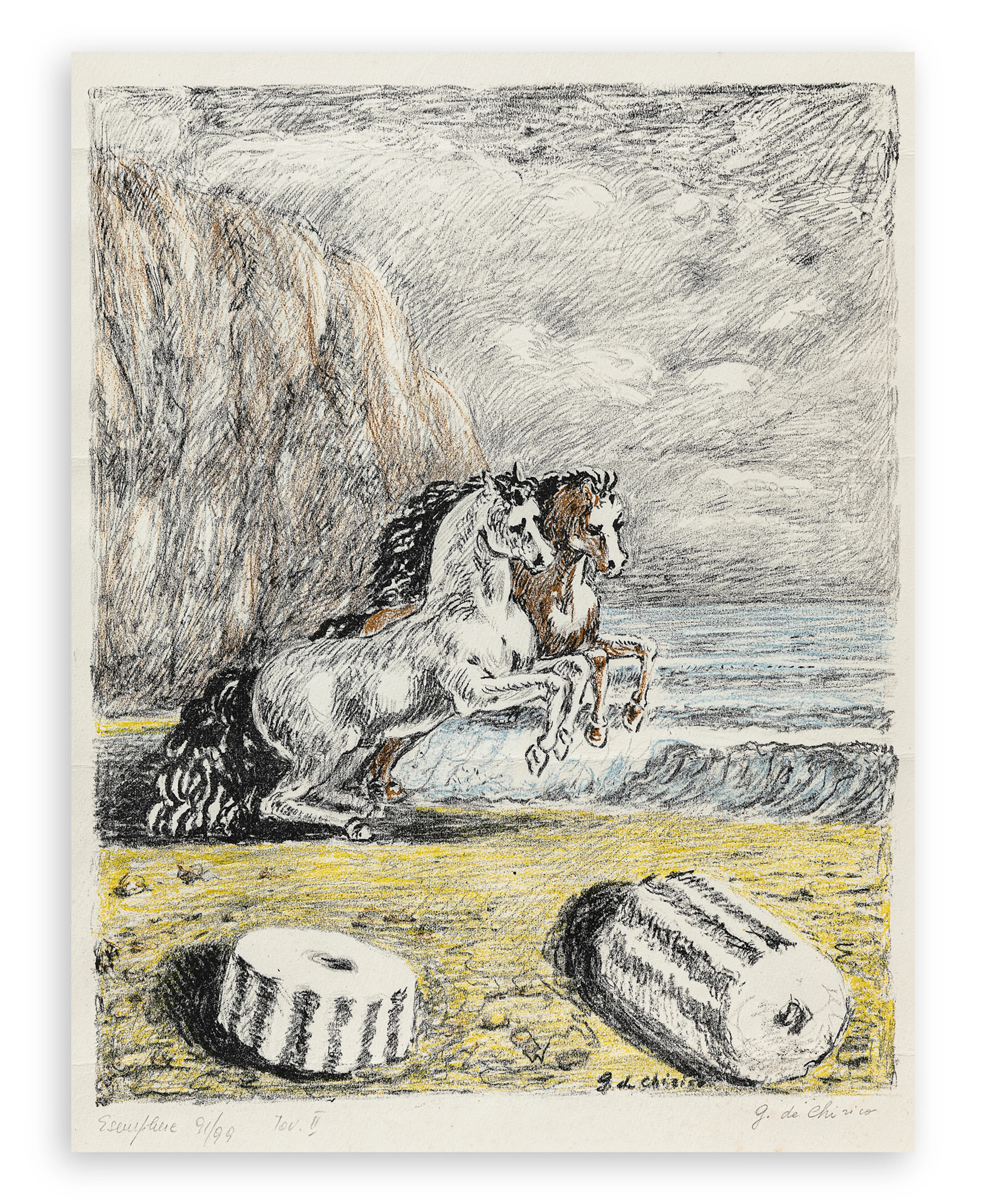 GIORGIO DE CHIRICO (1888-1978) - Cavalli sulla sponda dell'Egeo, 1966