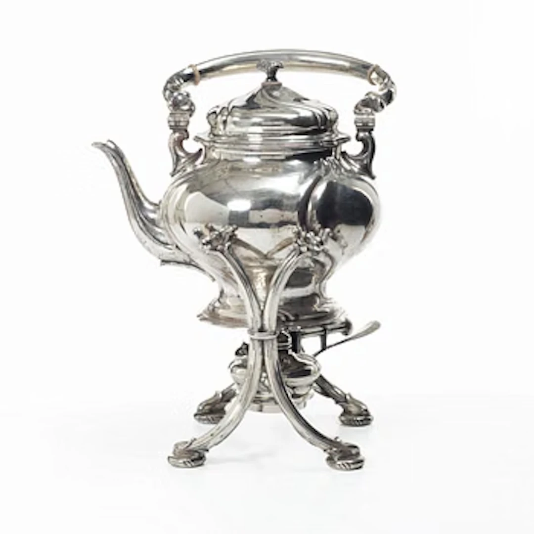 Silver teapot on a réchaud, Rococo style, Swedish import mark CF Carlman