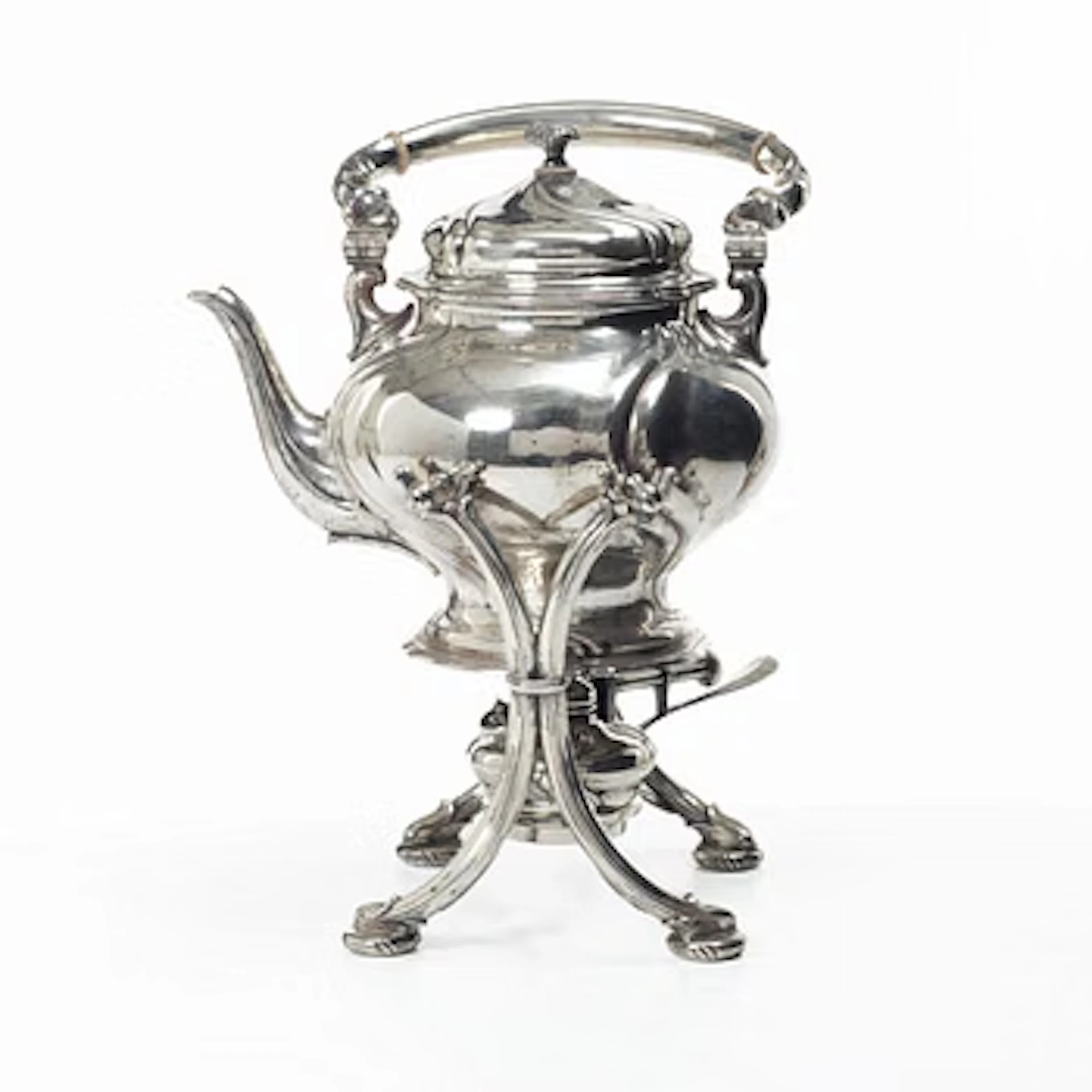 Silver teapot on a réchaud, Rococo style, Swedish import mark CF Carlman
