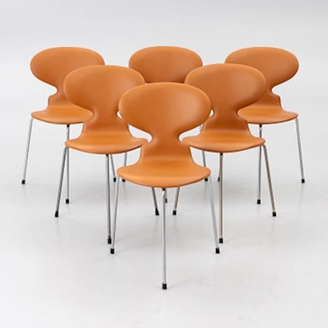 Arne Jacobsen, Chairs, 6, “Ant”, Fritz Hansen, 1950s/60s.