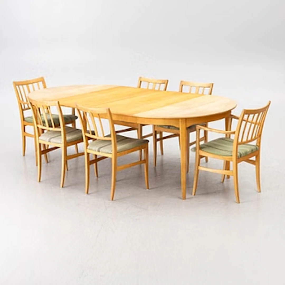 Carl Malmsten, Dining table and four plus two chairs, "Talavid", OH.